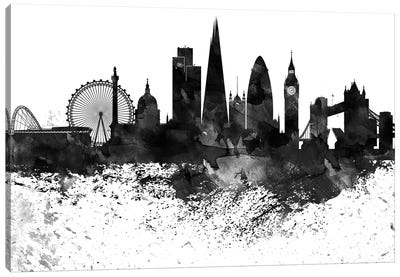 London Black & White Drops Skyline Canvas Art Print - London Skylines