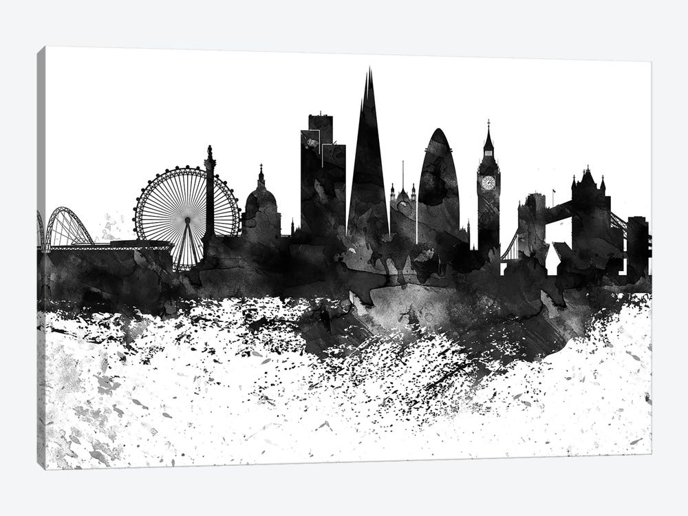 London Black & White Drops Skyline by WallDecorAddict 1-piece Canvas Artwork