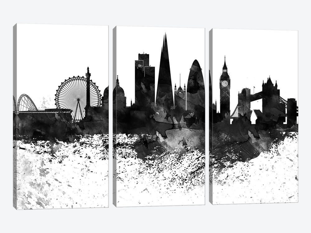 London Black & White Drops Skyline by WallDecorAddict 3-piece Canvas Artwork