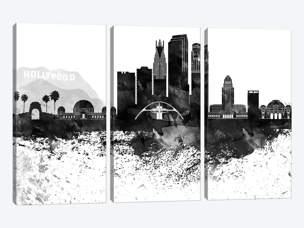 Los Angeles Black & White Drops Skyline by WallDecorAddict 3-piece Art Print