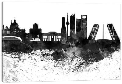 Madrid Black & White Drops Skyline Canvas Art Print - Madrid Art