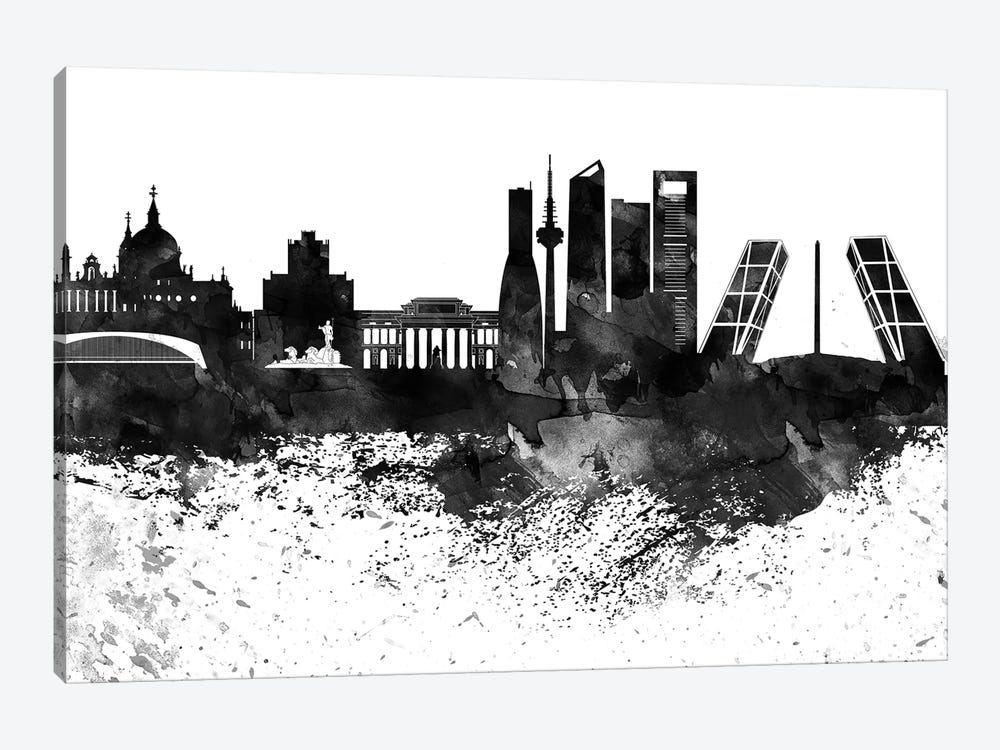 Madrid Black & White Drops Skyline by WallDecorAddict 1-piece Canvas Print