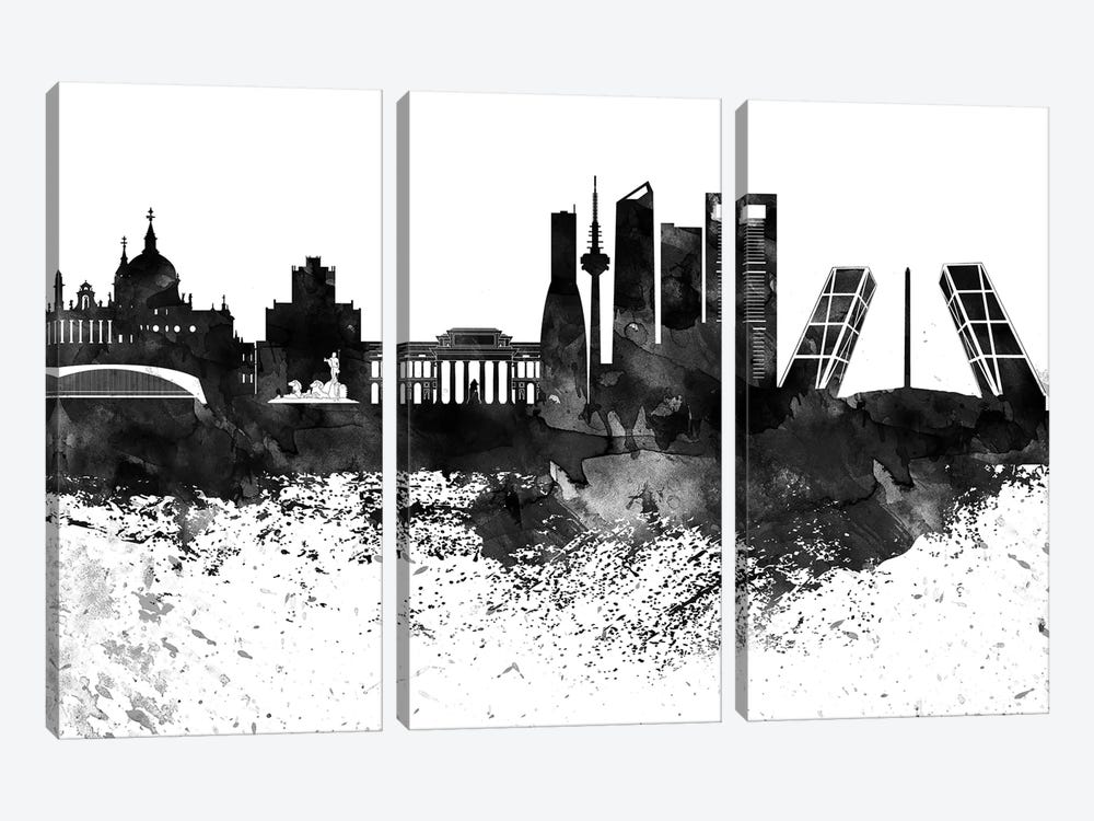 Madrid Black & White Drops Skyline by WallDecorAddict 3-piece Canvas Art Print