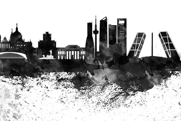 Community Of Madrid: Madrid Black & White Drops Skyline by WallDecorAddict