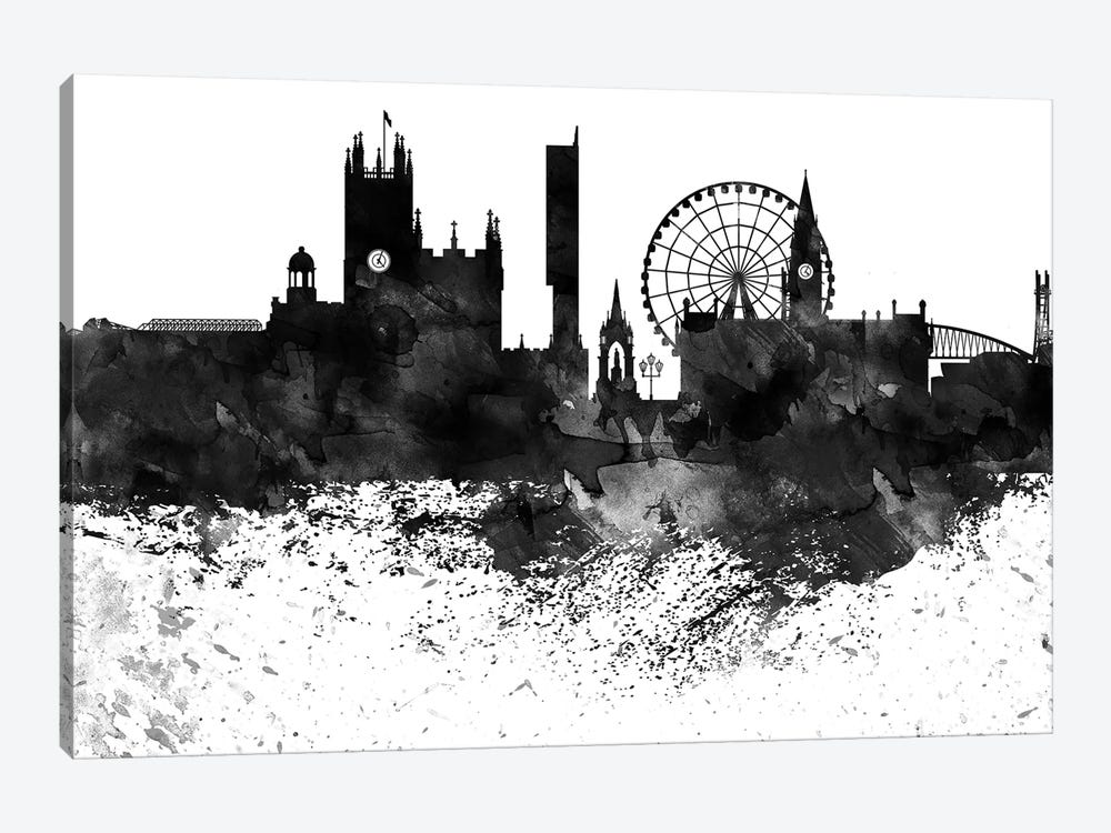 Manchester Black & White Drops Skyline by WallDecorAddict 1-piece Canvas Wall Art