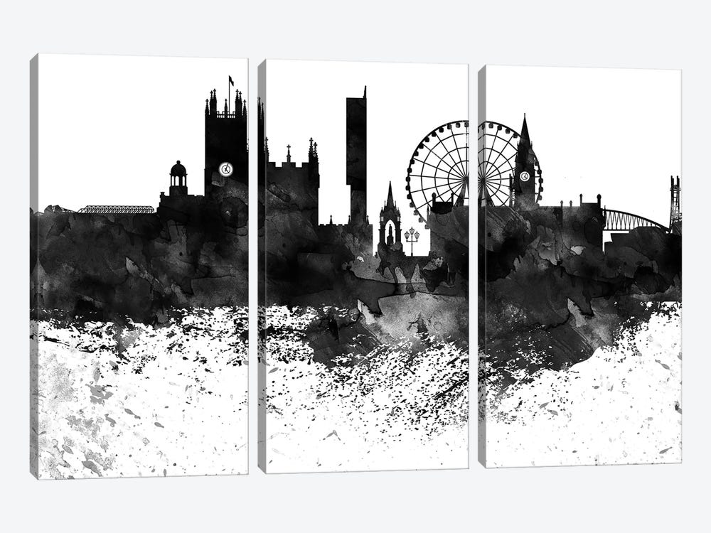 Manchester Black & White Drops Skyline by WallDecorAddict 3-piece Canvas Wall Art