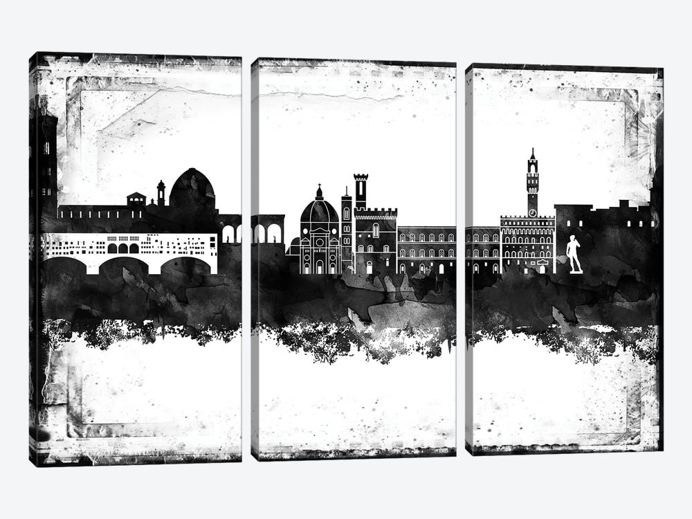 Florence Black And White Framed Skylines by WallDecorAddict 3-piece Canvas Art Print