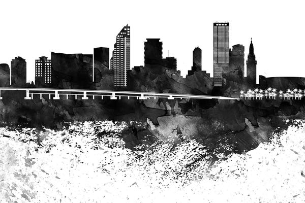 Large Black & White Art - Canvas Prints: Miami Black & White Drops Skyline by WallDecorAddict