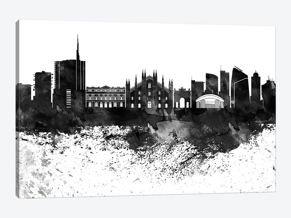 Milan Black & White Drops Skyline by WallDecorAddict 1-piece Canvas Art Print