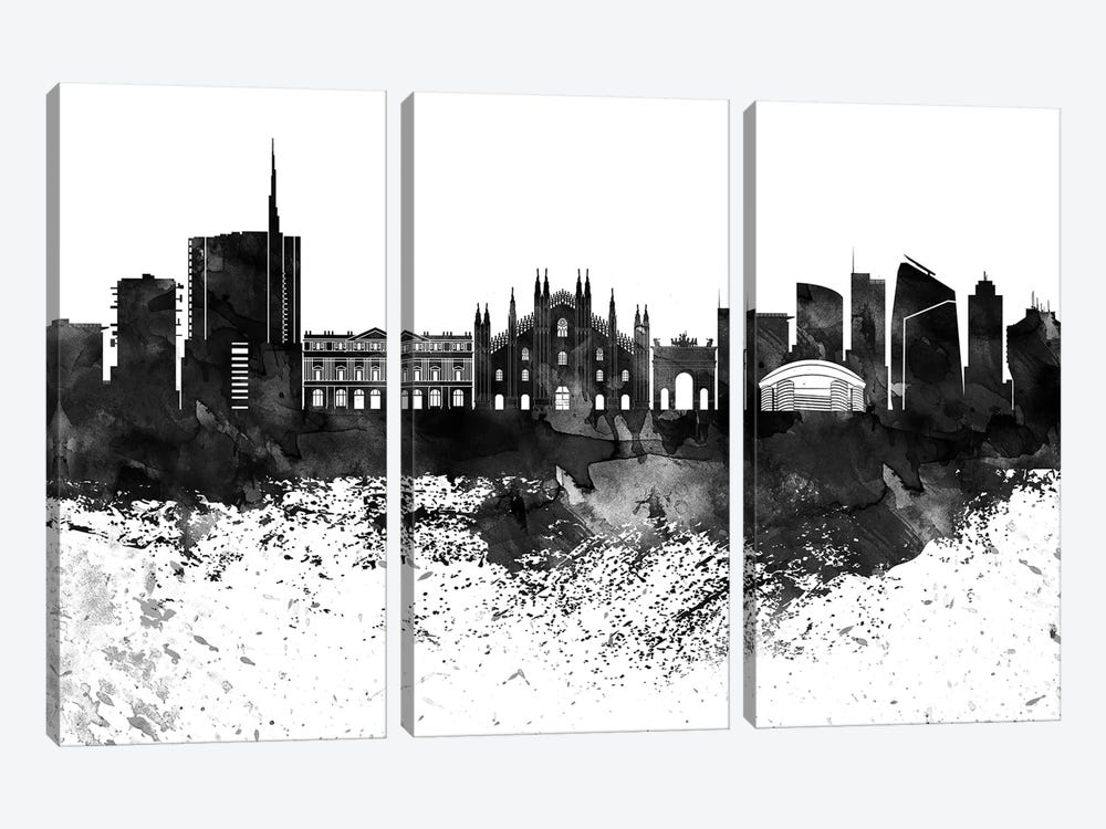 Milan Black & White Drops Skyline by WallDecorAddict 3-piece Art Print