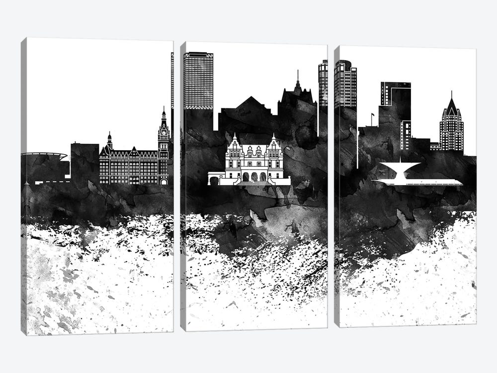 Milwaukee Black & White Drops Skyline by WallDecorAddict 3-piece Canvas Wall Art