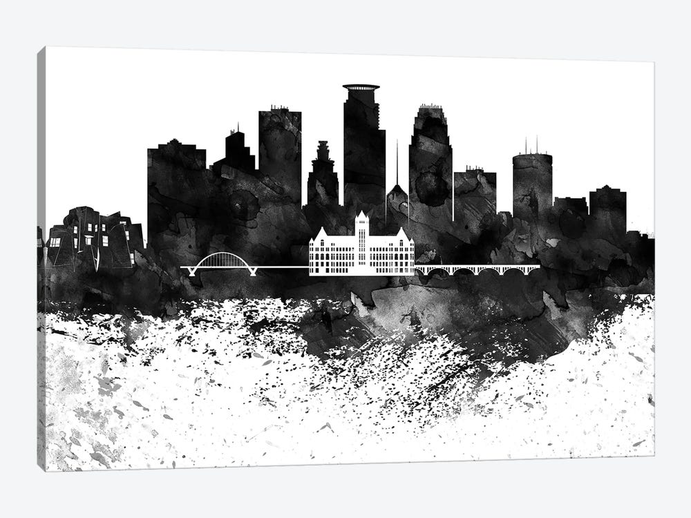 Minneapolis Black & White Drops Skyline by WallDecorAddict 1-piece Canvas Print