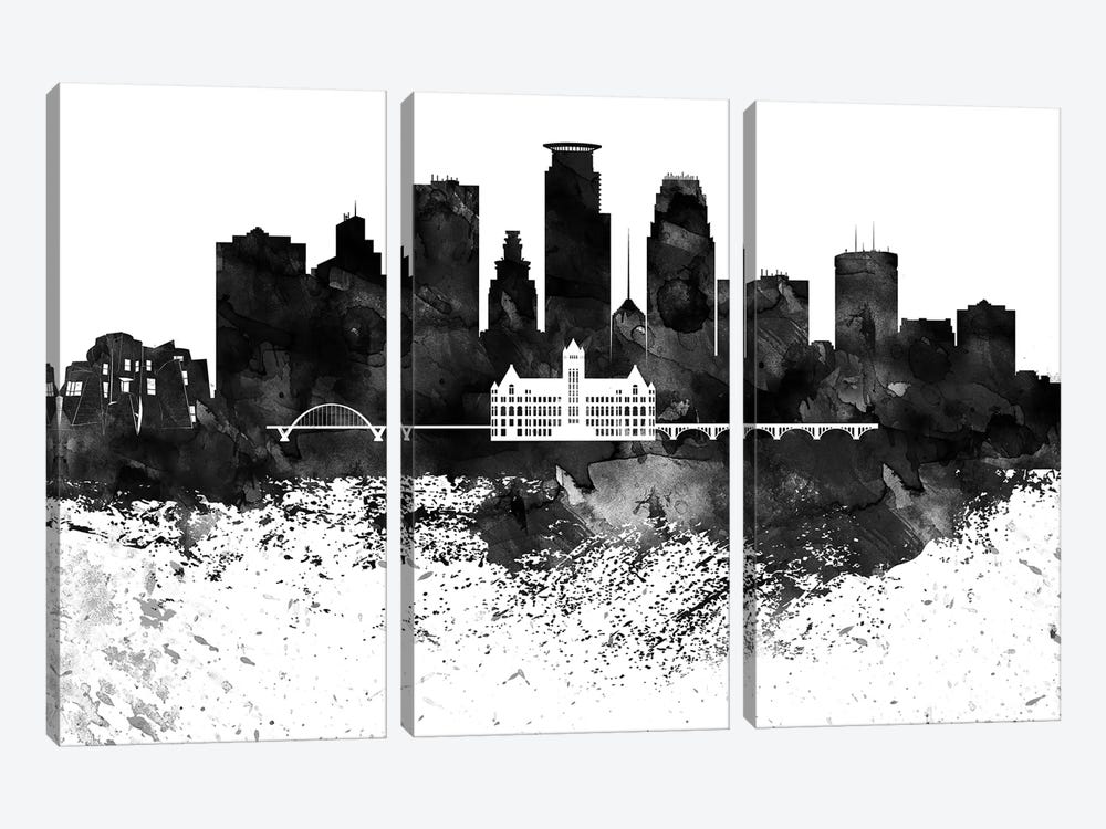 Minneapolis Black & White Drops Skyline by WallDecorAddict 3-piece Canvas Art Print