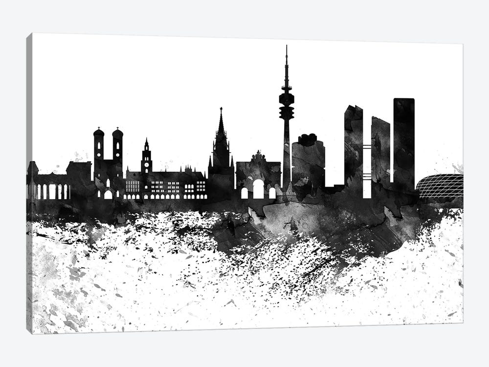 Munich Black & White Drops Skyline by WallDecorAddict 1-piece Art Print