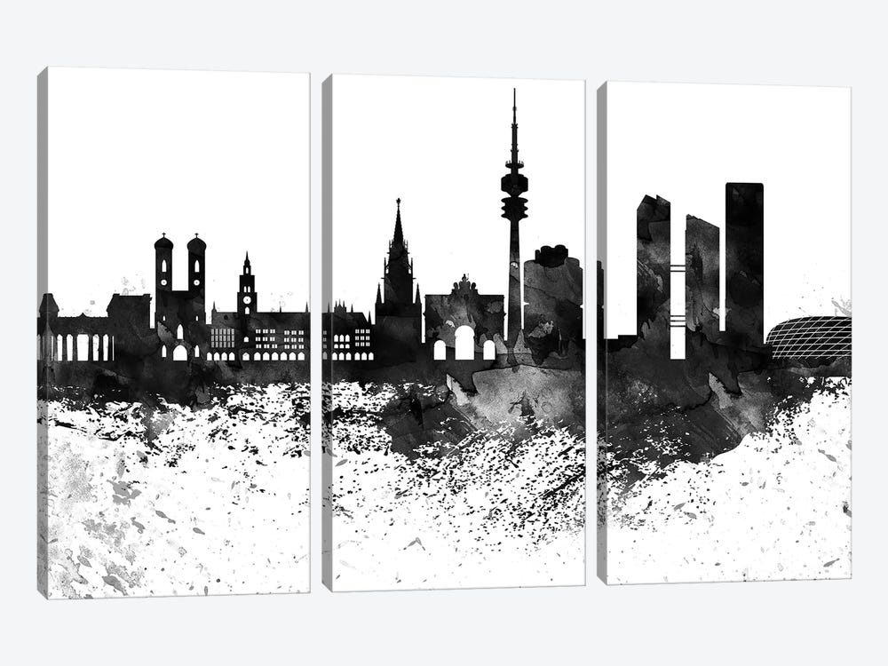 Munich Black & White Drops Skyline by WallDecorAddict 3-piece Canvas Print