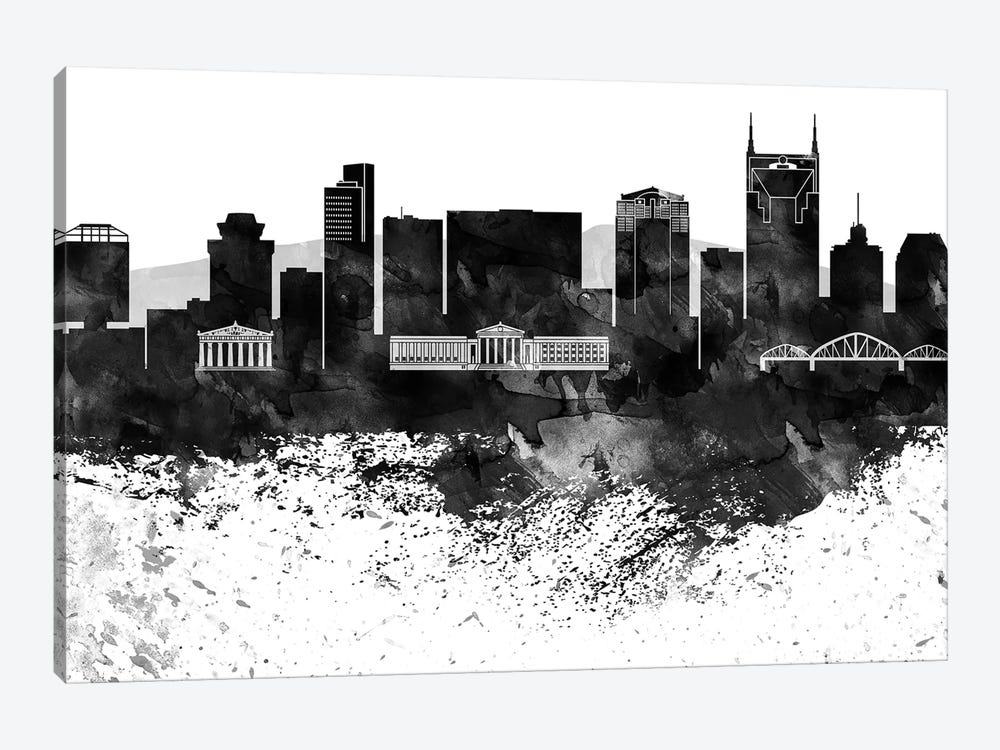 Nashville Black & White Drops Skyline by WallDecorAddict 1-piece Canvas Wall Art