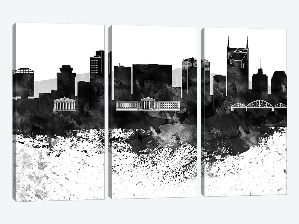Nashville Black & White Drops Skyline by WallDecorAddict 3-piece Canvas Artwork