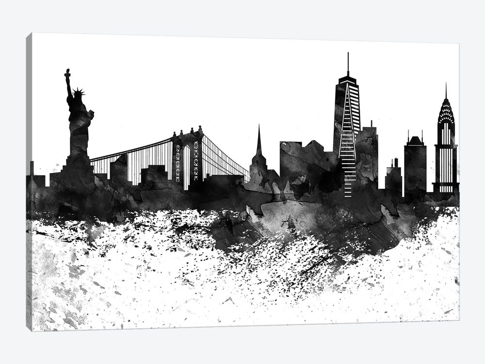 New York Black & White Drops Skyline by WallDecorAddict 1-piece Canvas Art