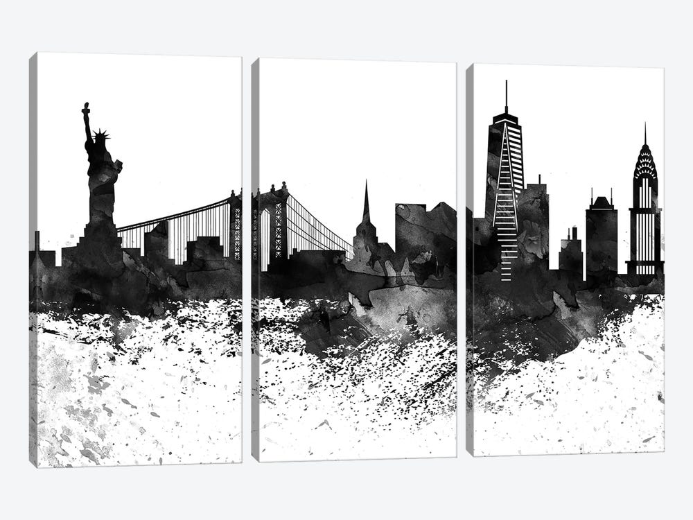 New York Black & White Drops Skyline by WallDecorAddict 3-piece Canvas Artwork