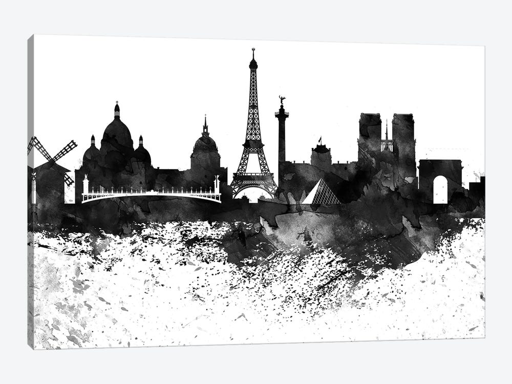 Paris Skyline Black & White Drops by WallDecorAddict 1-piece Canvas Wall Art
