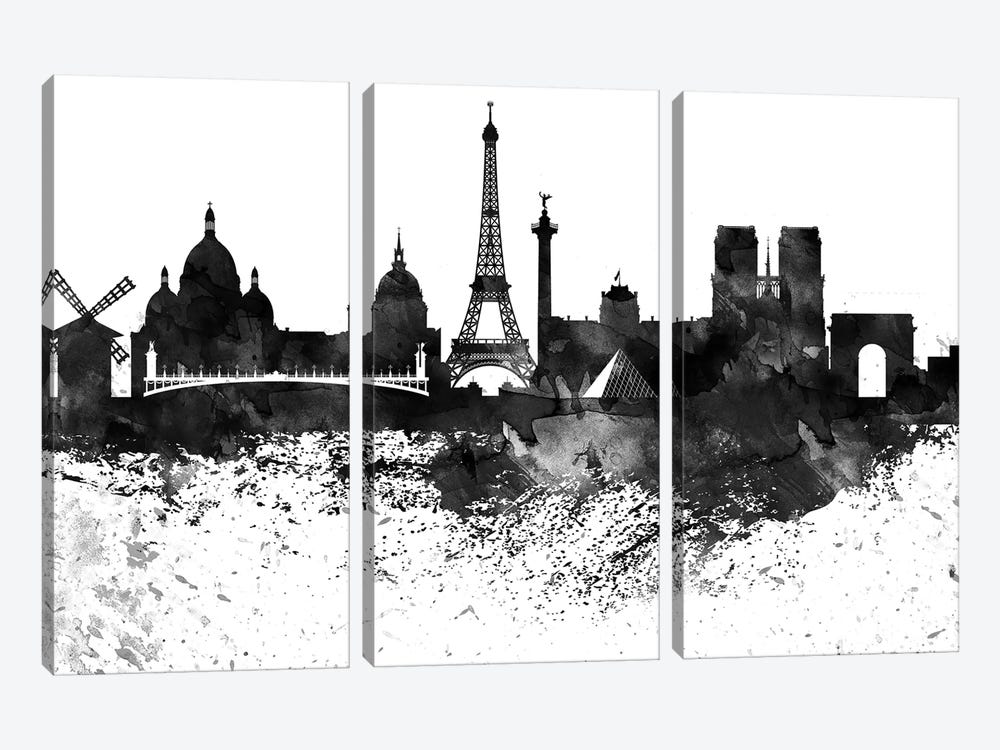 Paris Skyline Black & White Drops by WallDecorAddict 3-piece Canvas Wall Art