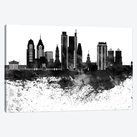 Philadelphia Skyline Black & White Drops Canvas Print #WDA1214} by WallDecorAddict Canvas Art