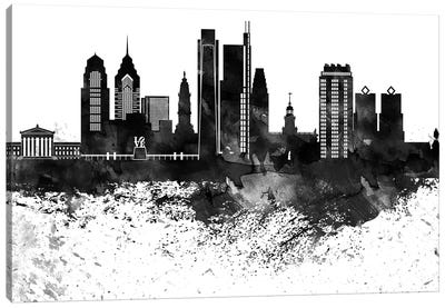 Philadelphia Skyline Black & White Drops Canvas Art Print - Philadelphia Skylines
