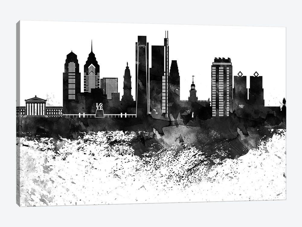 Philadelphia Skyline Black & White Drops by WallDecorAddict 1-piece Canvas Art