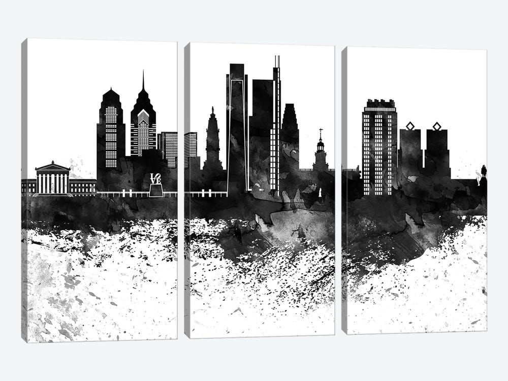 Philadelphia Skyline Black & White Drops by WallDecorAddict 3-piece Canvas Artwork