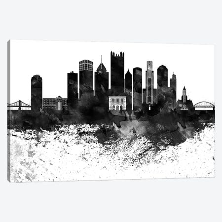 Pittsburgh Skyline Black & White Drops Canvas Print #WDA1216} by WallDecorAddict Canvas Wall Art