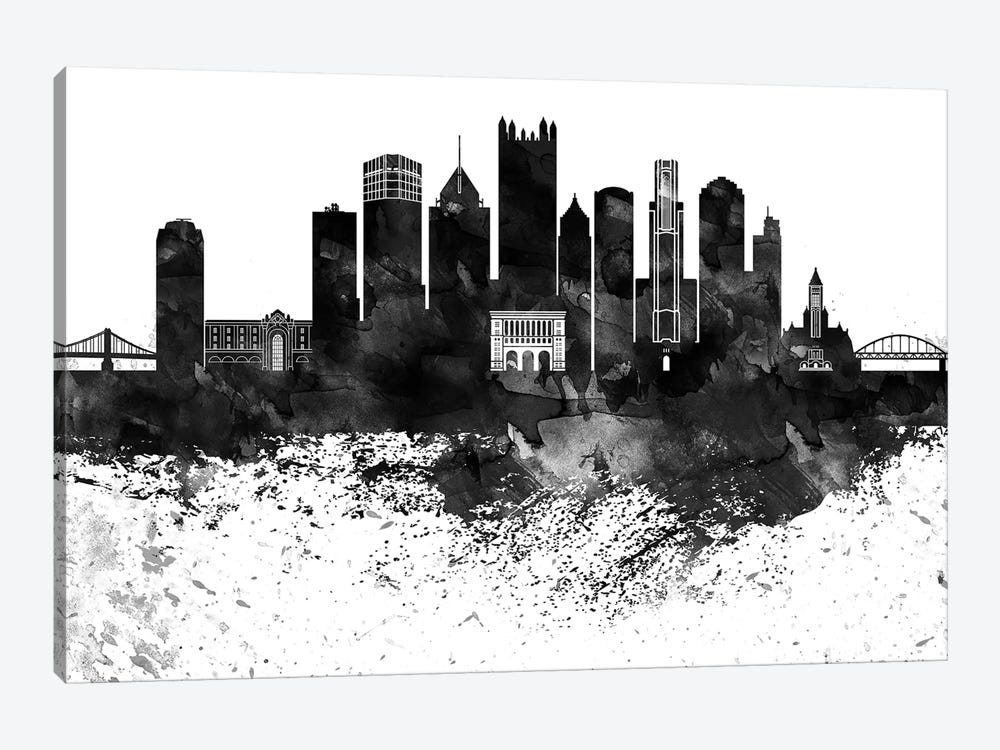 Pittsburgh Skyline Black & White Drops by WallDecorAddict 1-piece Canvas Art