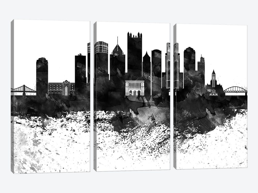 Pittsburgh Skyline Black & White Drops by WallDecorAddict 3-piece Canvas Artwork