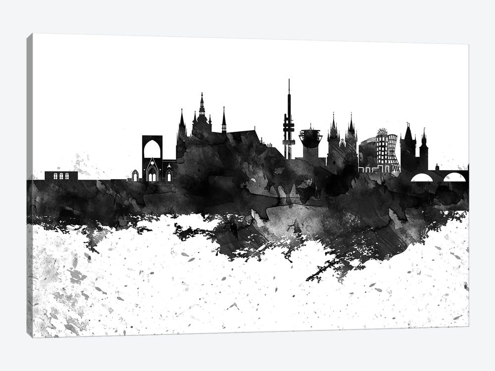 Prague Skyline Black & White Drops by WallDecorAddict 1-piece Canvas Art