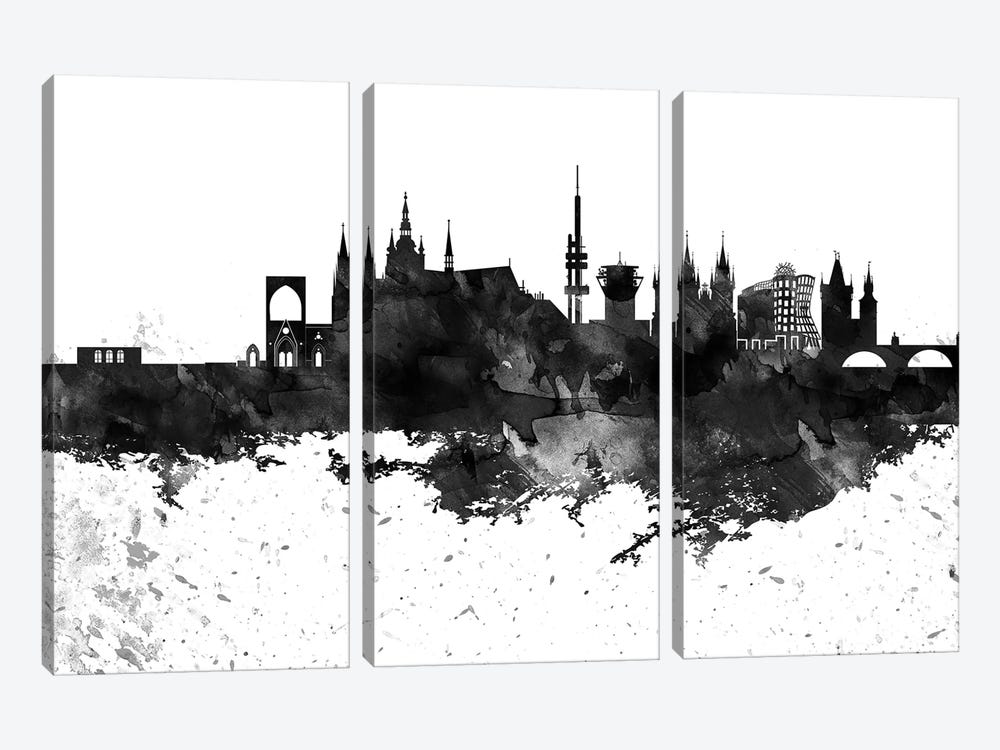 Prague Skyline Black & White Drops by WallDecorAddict 3-piece Canvas Art