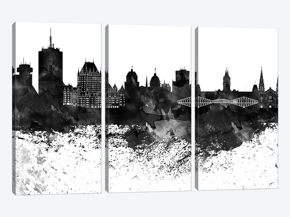 Quebec Skyline Black & White, Drops by WallDecorAddict 3-piece Canvas Print