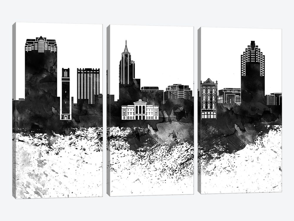 Raleigh Skyline Black & White, Drops by WallDecorAddict 3-piece Canvas Wall Art
