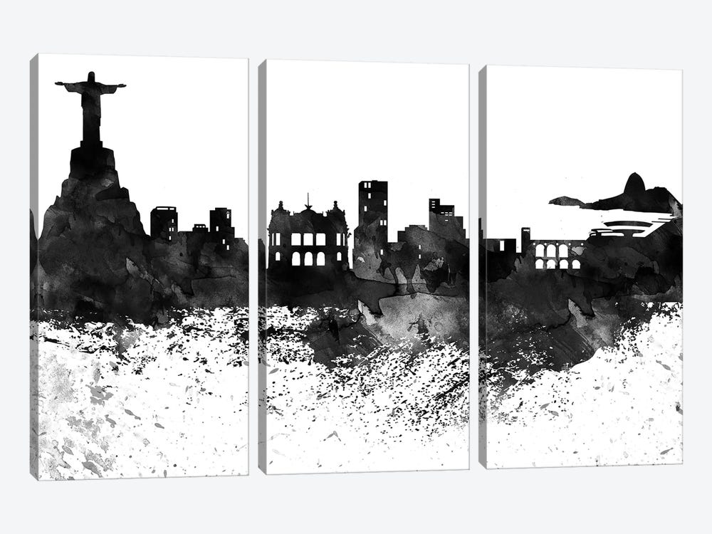 Rio Skyline Black & White, Drops by WallDecorAddict 3-piece Canvas Print