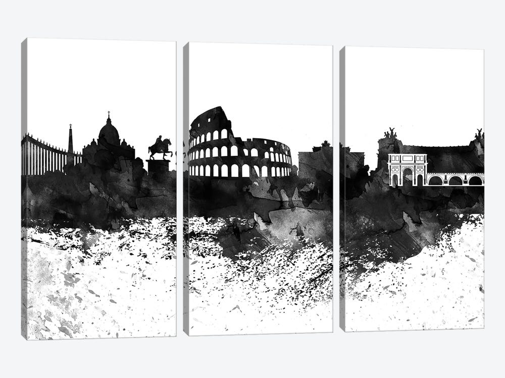Rome Skyline Black & White, Drops by WallDecorAddict 3-piece Canvas Art