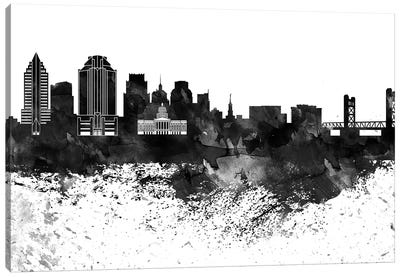 Sacramento Skyline Black & White, Drops Canvas Art Print - Sacramento Art