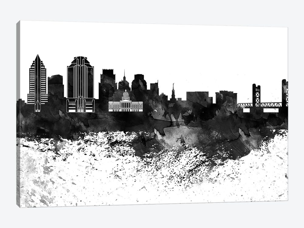 Sacramento Skyline Black & White, Drops by WallDecorAddict 1-piece Canvas Art