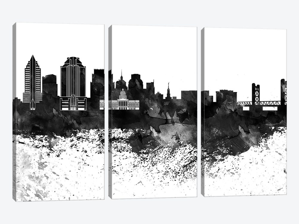 Sacramento Skyline Black & White, Drops by WallDecorAddict 3-piece Canvas Artwork