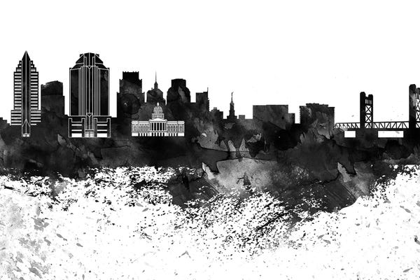 Sacramento: Sacramento Skyline Black & White, Drops by WallDecorAddict