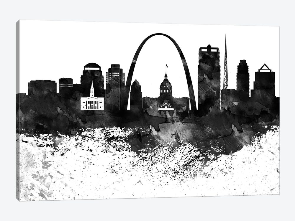 Saint Louis Skyline Black & White, Drops by WallDecorAddict 1-piece Canvas Print