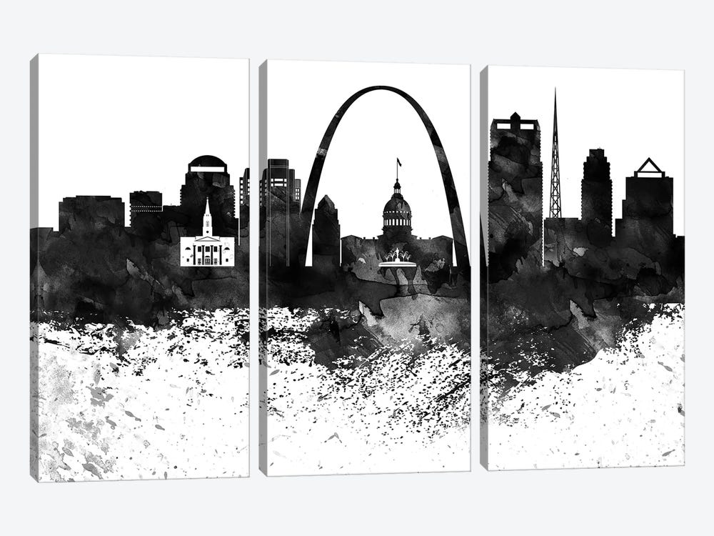 Saint Louis Skyline Black & White, Drops by WallDecorAddict 3-piece Canvas Art Print