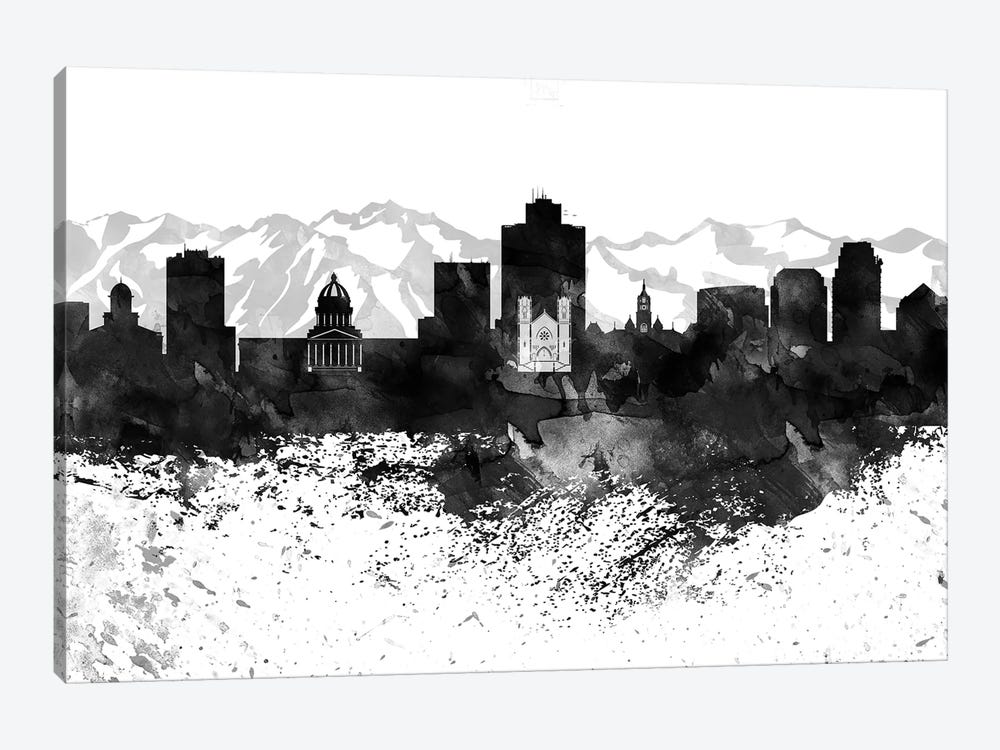 Salt Lake Skyline Black & White, Drops by WallDecorAddict 1-piece Canvas Artwork