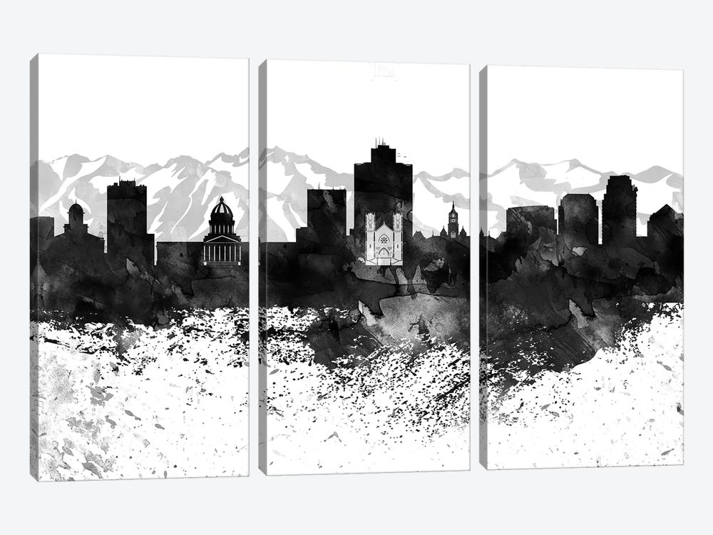 Salt Lake Skyline Black & White, Drops by WallDecorAddict 3-piece Canvas Art