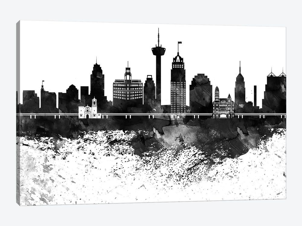 San Antonio Skyline Black & White, Drops by WallDecorAddict 1-piece Canvas Wall Art