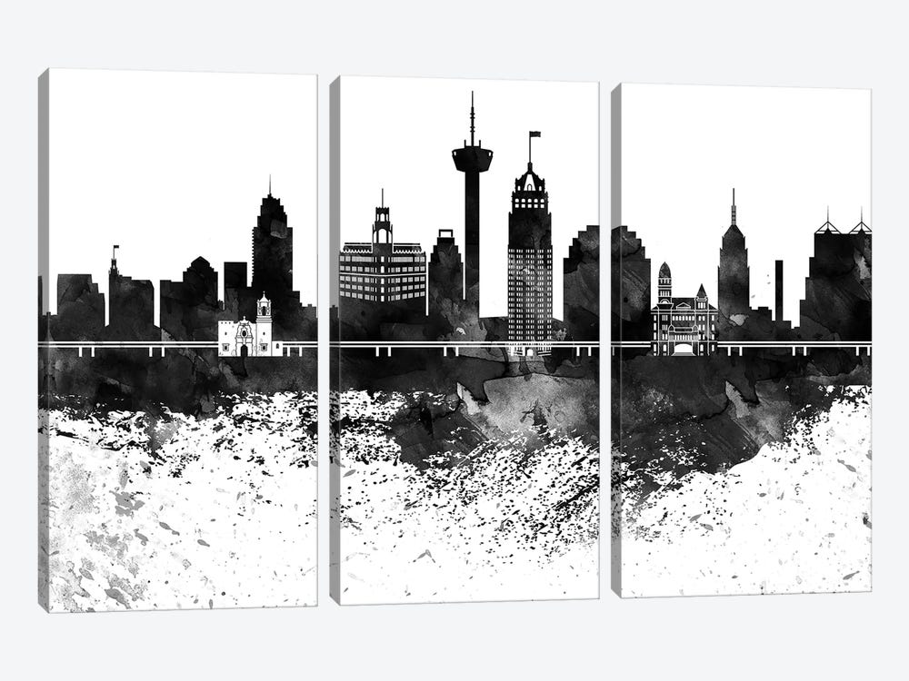 San Antonio Skyline Black & White, Drops by WallDecorAddict 3-piece Canvas Art