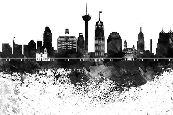 San Antonio: San Antonio Skyline Black & White, Drops by WallDecorAddict