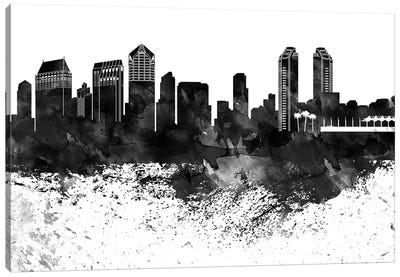 San Diego Skyline Black & White, Drops Canvas Art Print - San Diego Art